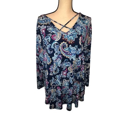 Chicos Size 3 2X Blue Paisley Slinky Knit Tunic Caged V Neck 3/4 Sleeve Curvy