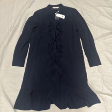 Tory Burch Womens Jane Dress Size 12 Navy Blue Ruffled Crepe Long Sleeve NWT