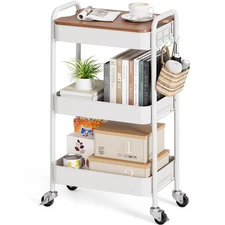 3-Tier Rolling Cart with Table Top, Metal Storage Cart on Wheels, Utility Org...