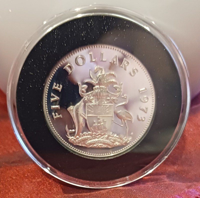 Bahama 1973 "Proof" Five Dollar Silver Coin ... Lot # 0003