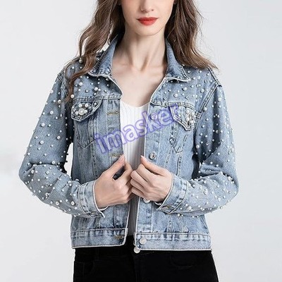Women's Beads Studded Denim Jeans Jackets Classic Western Cowboy Coats College