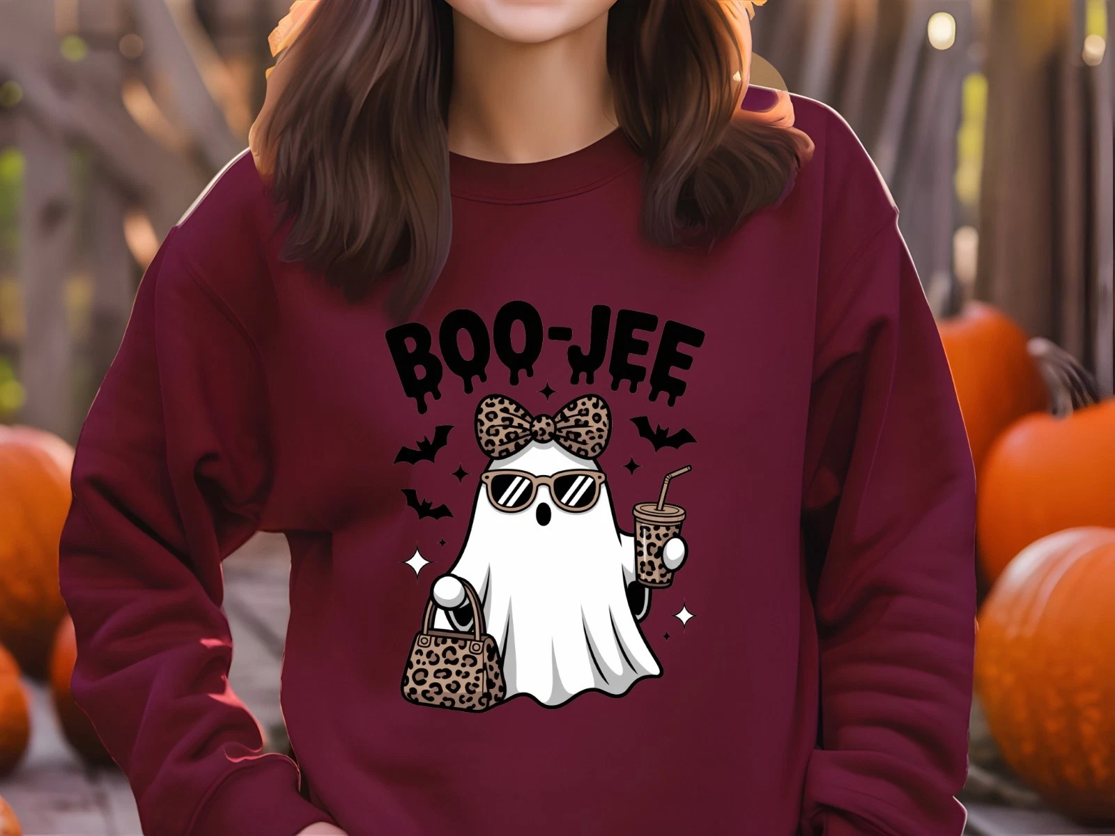 Boo-Jee Ghost Sweatshirt Leopard Print Cute Funny Fall Spooky Womens Gift