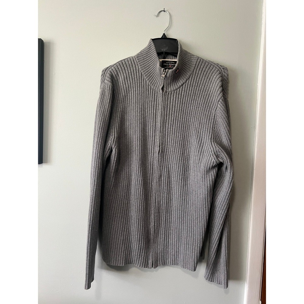 Polo Jeans Co Ralph Lauren Full Zip Knit Sweater Gray Ribbed Vintage Men Size XL
