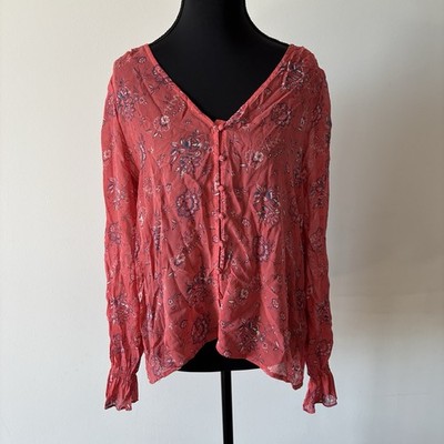 Joie 100% Silk Blouse Top Women s Large Floral Front Button Sheer Boho Peasant
