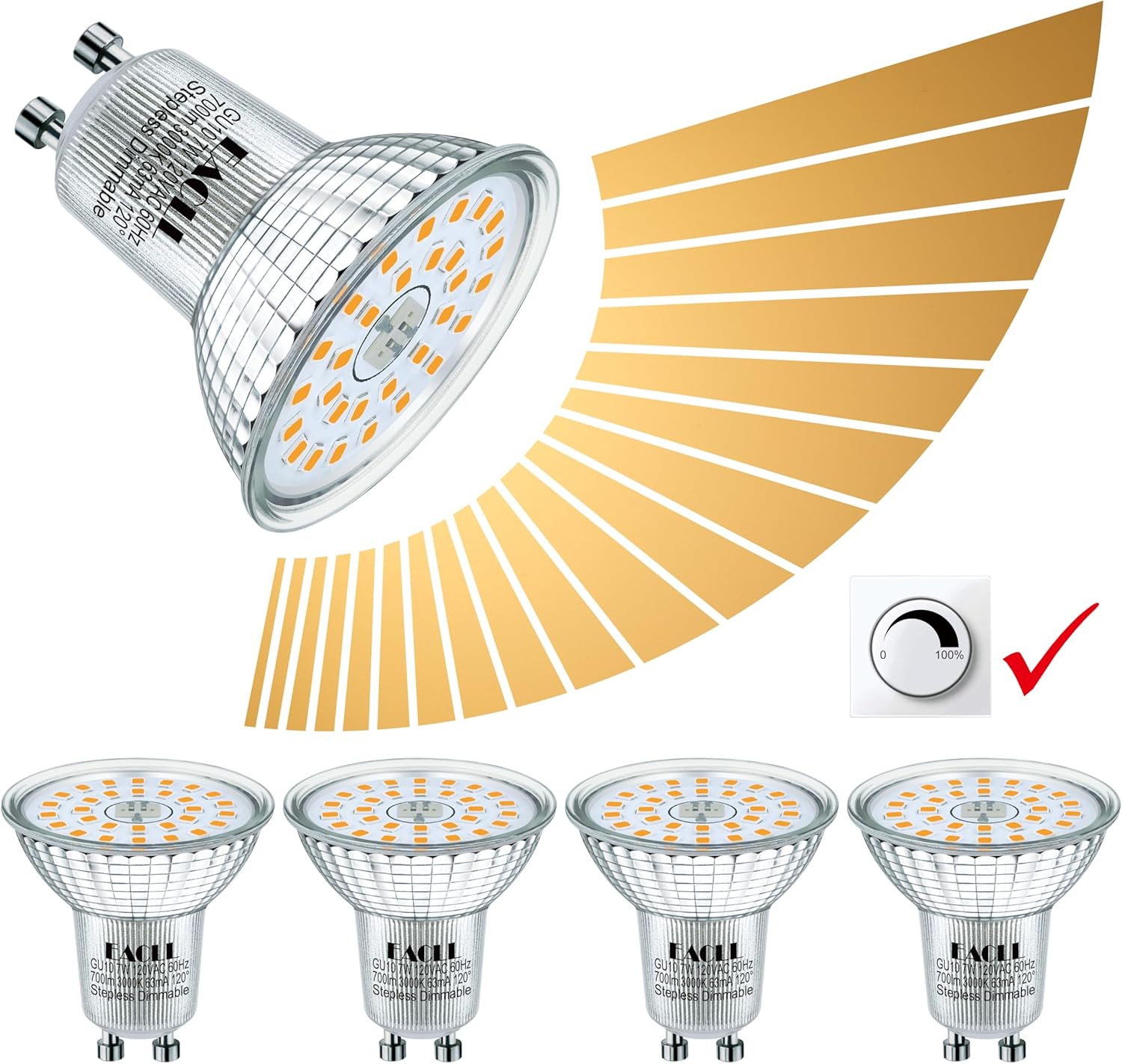 MR16 GU10 LED Bulb Dimmable, 3000K Warm White, 7W Equivalent 75W, 25,000 Hours L