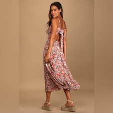 Lulus Ties With You Rose Pink Floral Print Tie-Back Midi Dress New