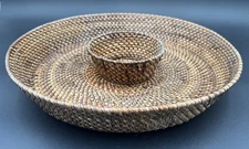 Large Rattan Wicker Chip and Dip Basket-Round Woven Server Tray 13.25"