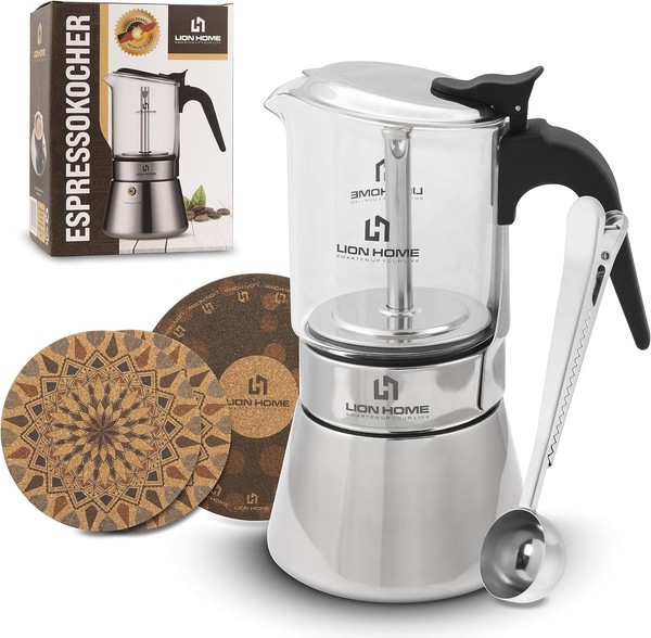 Espressokocher Glas 6 Tassen Mokkakanne Induktion Kaffeekocher Mit Untersetzer-image