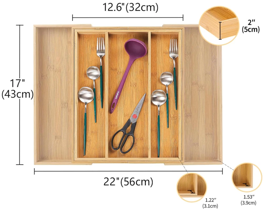 Organizador de cajón bambú расширяемый 5 ranuras para cubiertos y utensilios - Изображение 3 из 4