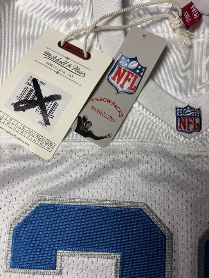 CAMISETA MITCHELL & NESS AUTÉNTICA BARRY SANDERS L DETROIT LIONS $300 VENTA AL POR MENOR BLANCA Foto 2 de 4