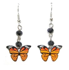 Monarch Butterfly Earrings, Vibrant Orange Black Wings With Sparkling Crystals