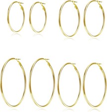 4 Pairs Silver Gold Hoop Earrings for Women 30/40/50/60 mm Stainless Steel 14K G