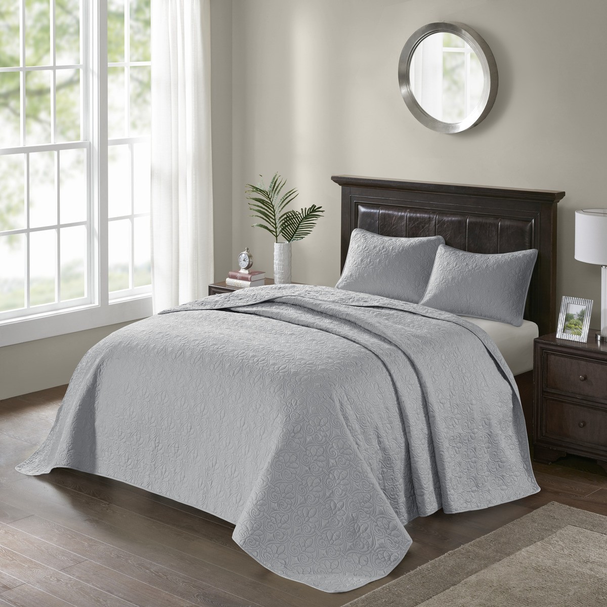 Reversible Queen Bedspread Set Grey Cotton 3 Piece Quilted Bedding Oversized