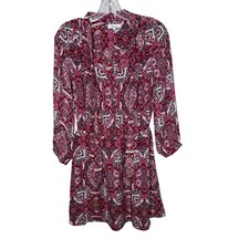Parker Silk Paisley Mini Dress Pink Red V-Neck Long Sleeve Small Romantic