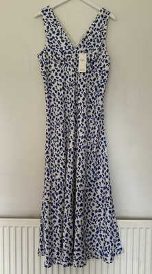M&S Satin Midikleid weiß blau Leopardenmuster Gr. 14 neu V-Ausschnitt Anlass