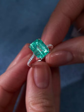 3.20 Ct Emerald Cut Natural Emerald  Diamond 14k White Gold Engagement Ring