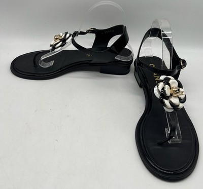 Chanel Black Patent Leather Camellia Flower CC Logo Thong Sandal