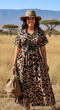 Women's Animal Print Leopard Belted Dress M Short Sleeve Maxi Career Business 