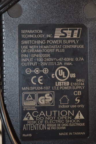 STI SP4920SR 290-111 Hematastat Creamatocrit Plus Ac Adapter - Zdjęcie 4 z 4
