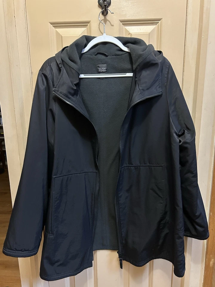 Chaqueta Abrigo Parka Forrada de Vellón de Algodón Negro Eileen Fisher XL Con Capucha Foto 2 de 4