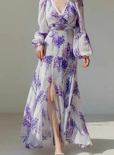 Womens Occident Summer v-neck Long sleeves Print Floral long Dress - Picture 4 of 9