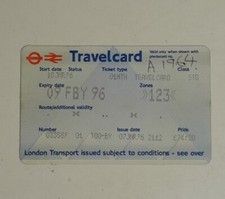 Biglietto Ticket TravelCard London underground bus Feb 1996 - zone 123 one month