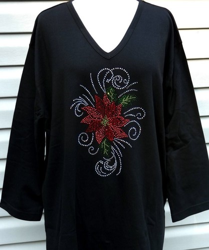 Plus One Size Yoga Style Leggings Rhinestone Christmas Red Poinsettia Swirl - Picture 3 of 3