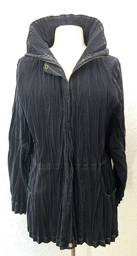 VETEMENTS NUOVO Flair Crinkle Fisarmonica Giacca Zip Snap XL Nero Denim Look Cinch Waist