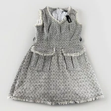 Ina Tweed Mini Dress Women Med Zipper Lined V-Neck  Sleeveless Cream Black 33”