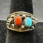 VTG Signed “E. SILAGO” Navajo Sterling Silver Turquoise & Coral Ring Sz 10