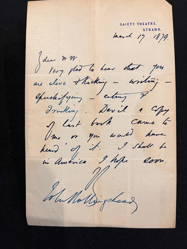 AUTOGRPAH Letter Signed by JOHN HOLLINGSHEAD - 1879 Gaiety Theatre - Image 2 of 4