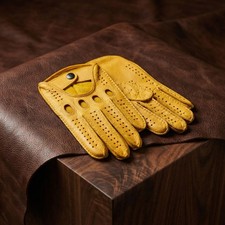 Men  s Driving Leather Gloves   Yellow, Deerskin, Handmade