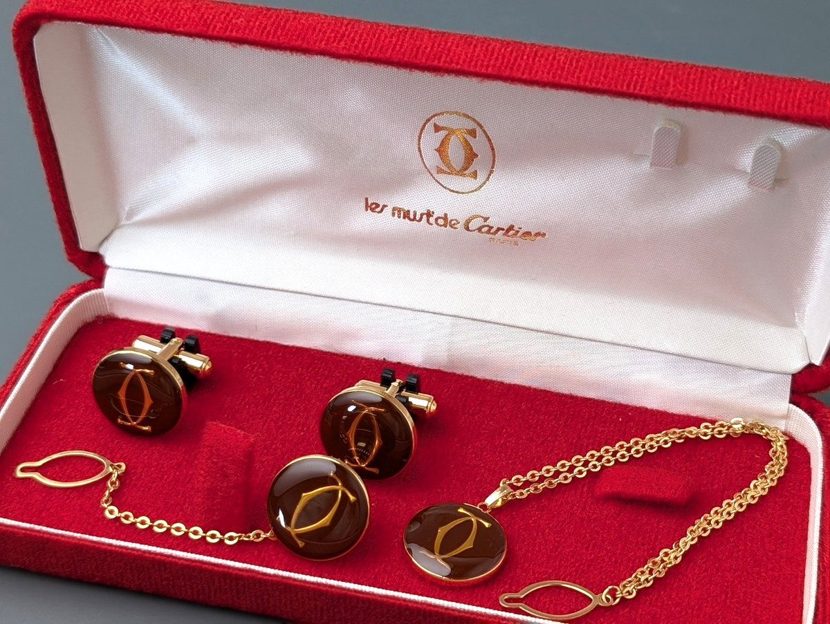 Cartier C C logo cufflinks tie tack tie pin 3set Men's Vintage w