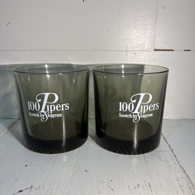 100 Pipers Scotch by Seagram Rocks Cocktail Glasses Barware Smoky Gray LOT OF 2