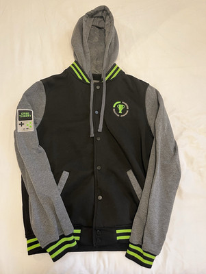 Game Theory Men s S/M Hooded Varsity Jacket Snap Front Pockets Black Gray Green