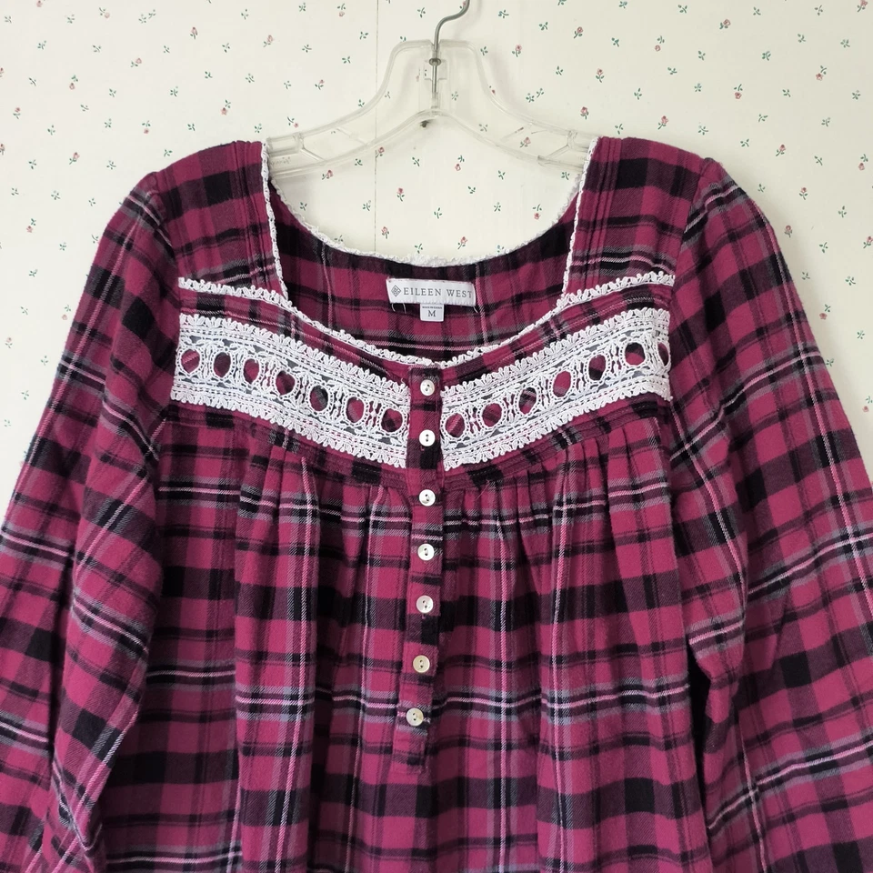 Camisón Eileen West Talla Mediana Púrpura Franela a Cuadros Algodón Rayón Encaje Casa de Campo Foto 3 de 4