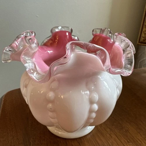Vintage Fenton Glass Melon Dot Vase Pink White Ruffled Silver Crest Rim 3.5”
