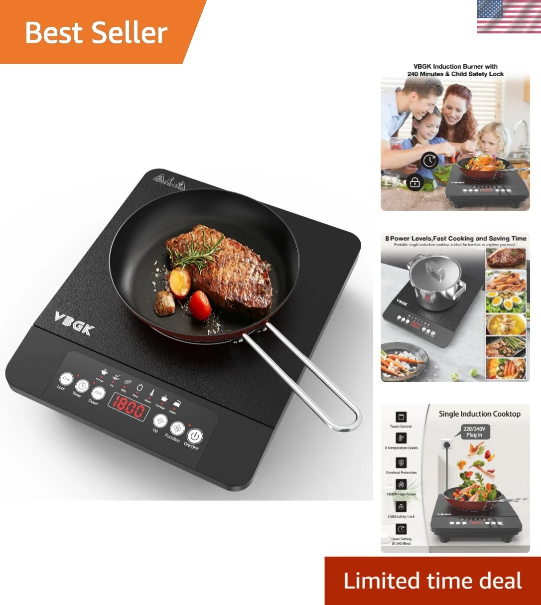 Portable Induction Cooktop with Automatic Shut-off & Easy Clean Ceramic Surface