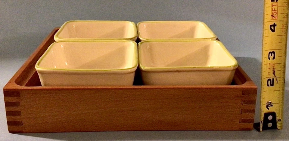 Vintage Hand Painted Ceramic Service Dishes Japanese Wood Tray Set - Image 3 of 4