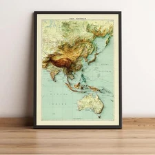 Asia and Australia Map, Asia and Australia 2D Relief Map - 2D Flat