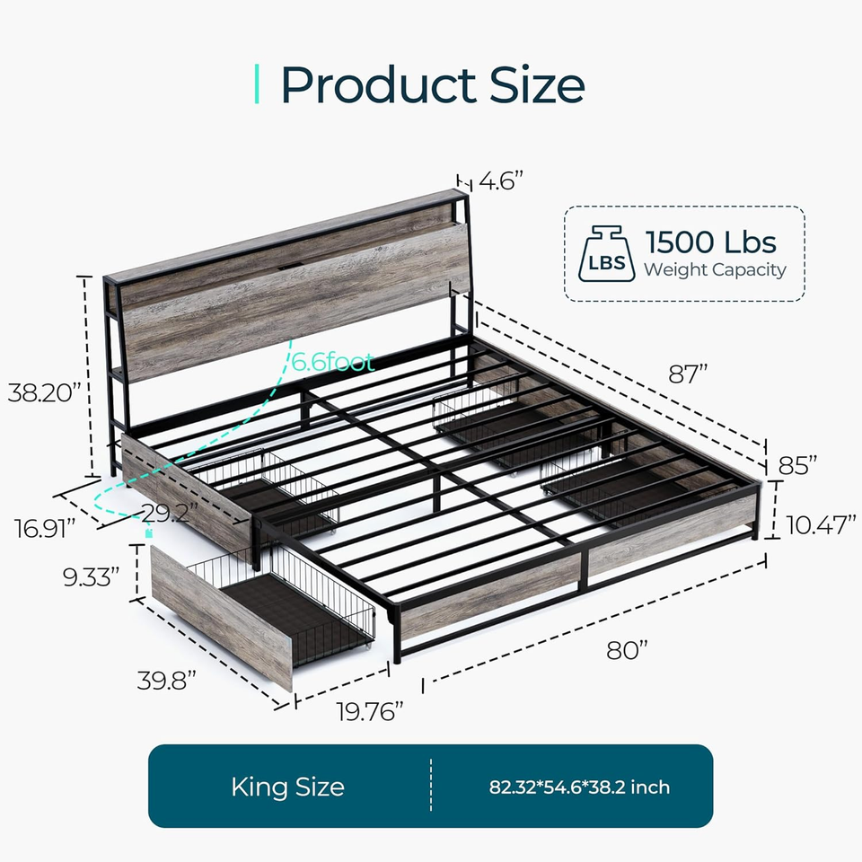 LINSY King Size Bed Frame with 4 Drawers & Ergonomic Headboard, King
