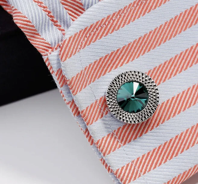 Par de gemelos de plata redondos de piedra verde boda para hombre eslabones de cristal del Reino Unido Foto 2 de 4