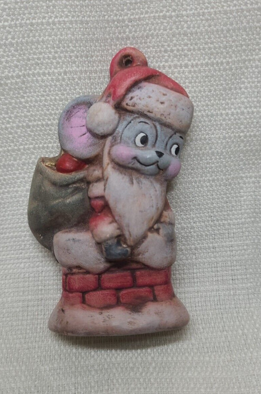 Santa Mouse in Chimney Ceramic Ornament Vintage Hand Painted