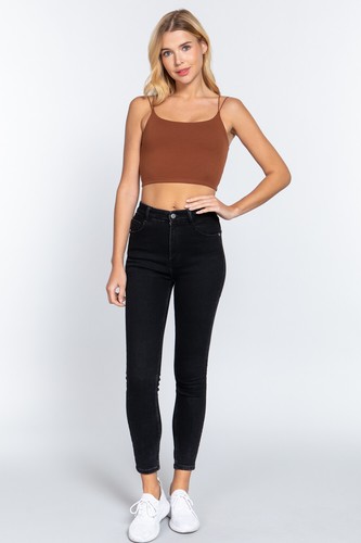 Women Round Neck Two Ply Knit Cami Crop Top Double Elastic Strap - Picture 62 of 86