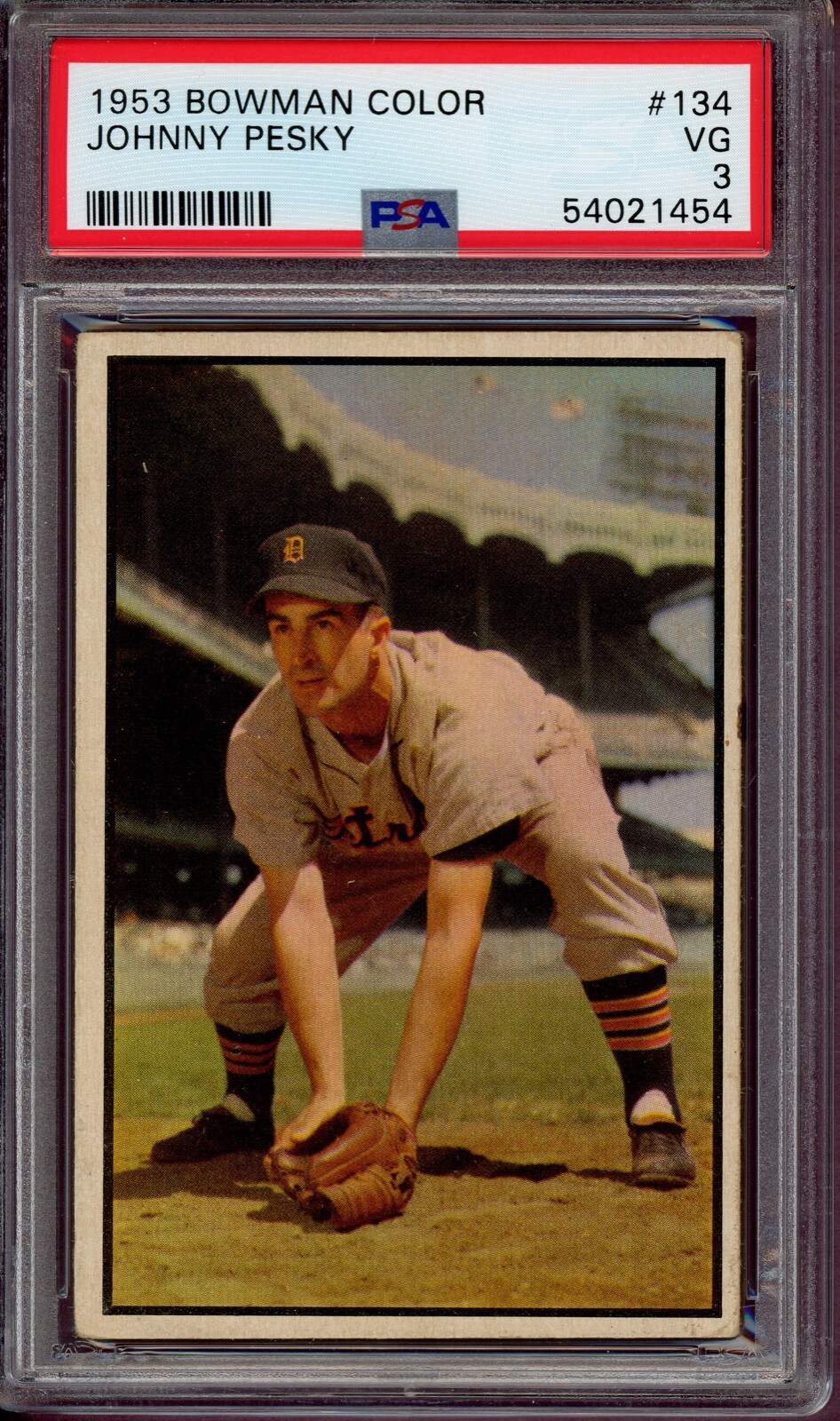JOHNNY PESKY ~ 1953 Bowman Color Baseball Card #134 ~ Graded PSA 3 VG