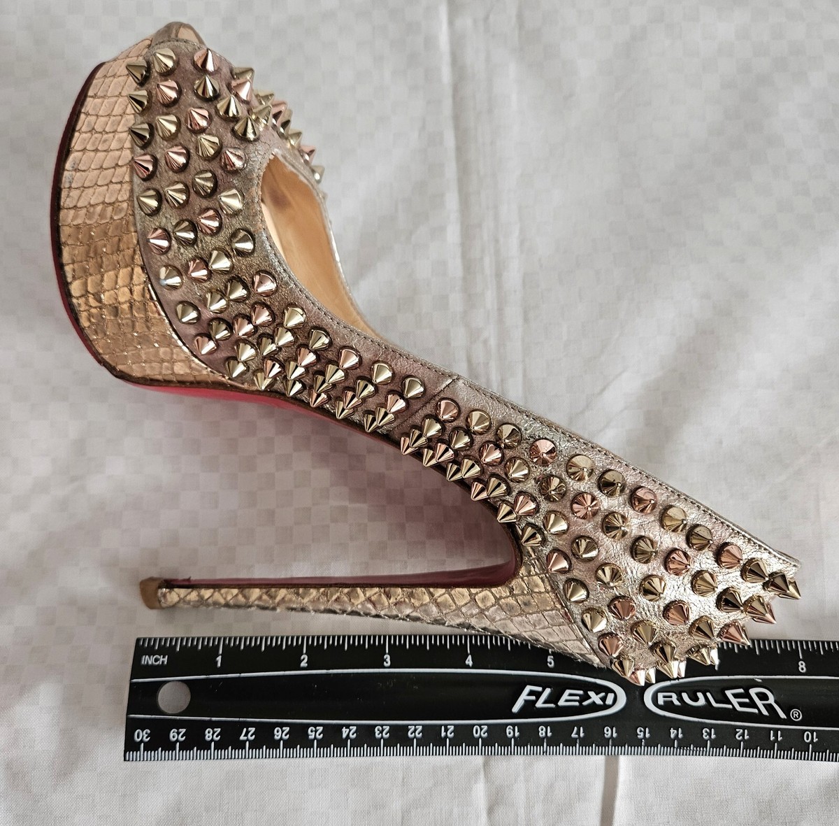 Women's Christian Louboutin Metallic Gold Spikes Pump High