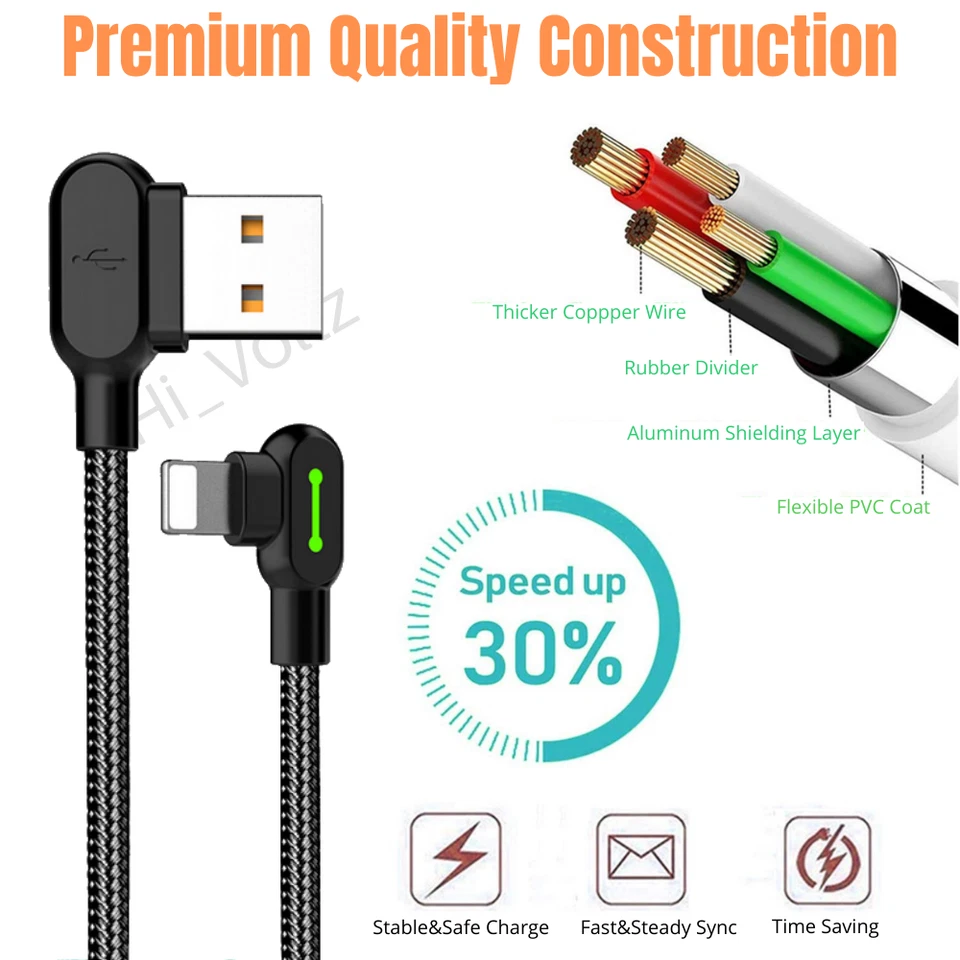 Cable cargador rápido USB cable de carga LED de 90 grados para iPhone 13 12 11 XS XR 8 X Foto 2 de 4