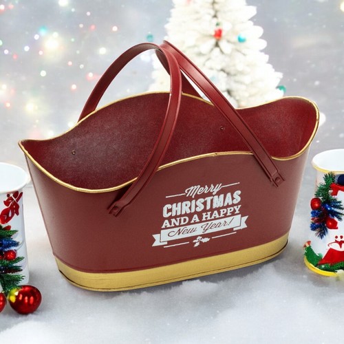 Merry Christmas & Happy New Year Metal Tin Trug Planter with Holder FestiveDecor - Picture 6 of 8