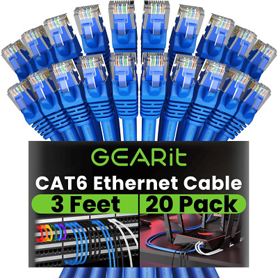 Cat 6 Ethernet Cable 20-Pack, 3ft, 10Gbps, Snagless, Gold-Plated, Blue
