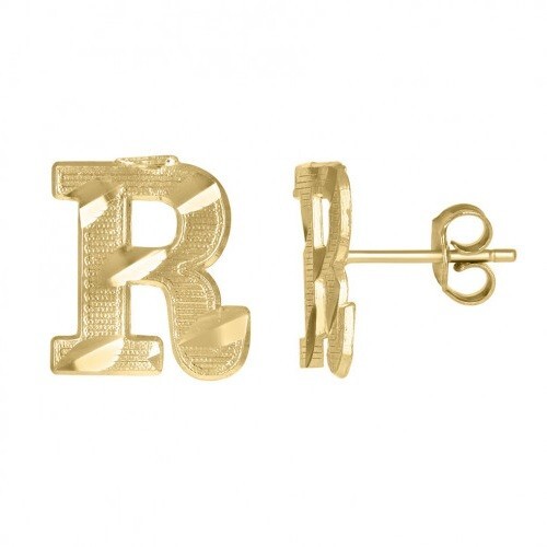 Amazing " R " Initial Letter Stud Earrings For Men's In Solid 10K Yellow Gold - Picture 2 of 4